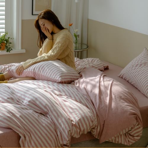 AOJIM Jersey Knit Reversible Duvet Cover Twin XL 3Pcs Soft Striped Bedding