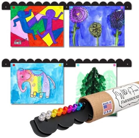 Scalloped Magnetic Art Display for Kids Artwork & Photos (Set of 2) – Kids Artwork Display for Wall – Magnetic Photo Display Strips with Push-Pin Magnets (Black, 23in)