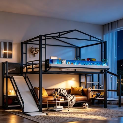 Bellemave Full Size Metal House Loft Bed with Slide and Stairs,Heavy Duty Playhouse Loft Bed Frame with Shelves,LED Lights and Charging Station for Kids,Teens,Adults,Black