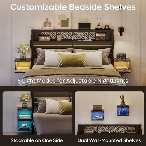 Bestier Queen Bed Frame with Horizontal Golden Stripe Storage Headboard&LED Nightstands, Metal Platform Bed with Charging Station, Heavy Duty Metal Slats, No Box Spring Needed, Noise Free(Matte Black)