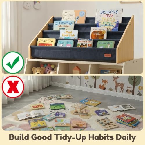 PERFNIQUE Montessori Kids Bookshelf, Wooden Front-Facing Baby Bookcase Organizer for Toddlers, 4-Tier Sling Decorative Book Rack with Deep Pockets for Kid Rooms, Nursery, Playroom & Reading Corner