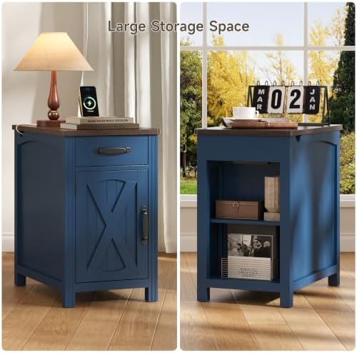 ONBRILL Farmhouse End Table with Charging Station,Blue