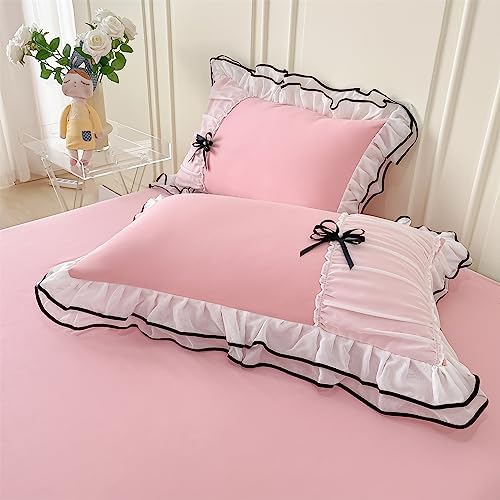 IHOUSTRIY Pink Duvet Cover Full Size, Ruffle Beddding Set with Bowtie, 3 Pieces Comforter Cover Set with Zipper Closure, Girl Bedding with Pillowcase - Light Pink, Full, Comforter Not Included