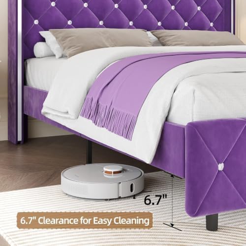 HOMBCK Twin Bed Frame with Velvet Headboard, Silverside Wingback, Purple