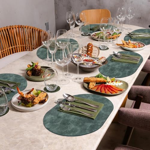 ADRIMER Oval Placemats Set of 6, Wipeable Faux Leather, Blue & Green