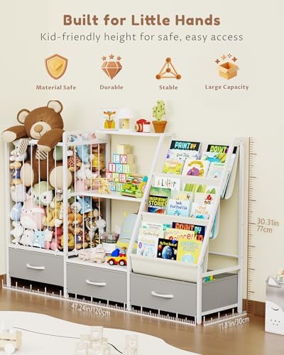Kids Bookshelf and Toy Storage Organizer - 3-Tier Sling Bookcase, 47.2" W