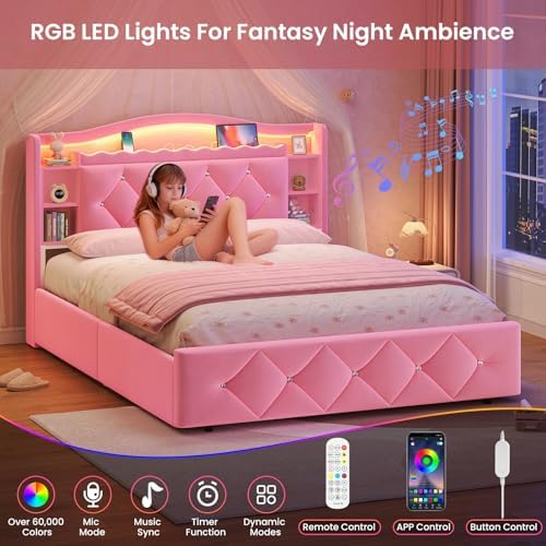 DICTAC Full Size Bed Frame for Girls with 4 Storage Drawers, Bookcase Headboard, LED Lights and Power Outlets, Diamond Tufted Velvet Upholstered Princess Platform Bed, Heavy-Duty Metal Support, Pink