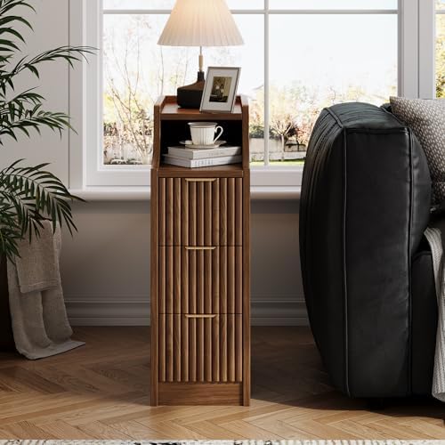 7.9" Narrow Nightstand Set of 2,23.6" Tall Fluted Bedside Table Set of 2, Slim Side End Table with 3 Drawers, Wooden Bedside Table, Mid Century Modern Night Stand for Bedroom Livingroom Sofa Office