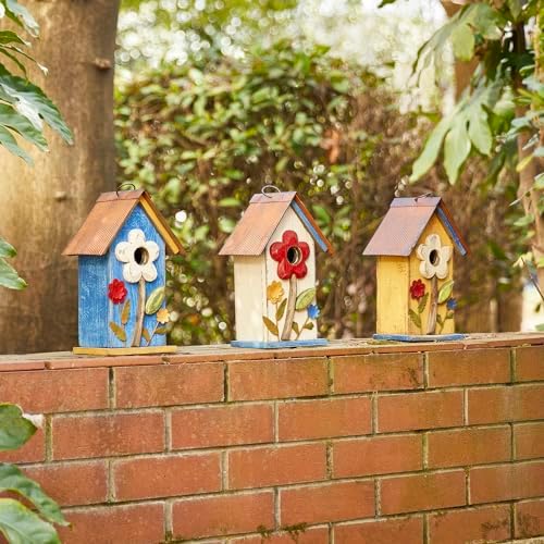 Glitzhome Bird Houses for Outside, 10.2" H Hanging Bird House for Outdoor Patio Garden Decorative Birdhouse Pet Cottage Distressed Wooden Birdhouse for Swallow Sparrow Finch Cardinals, Yellow Flower