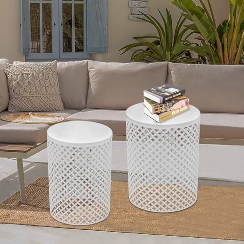 Metal Frame Accent Table,Cylindrical Outdoor Side Table,Decorative Garden Stool,Set of 2 Nesting Side Table,Modern Decorative Garden Stool for Patio Balconies Cafes Parks (2, White)