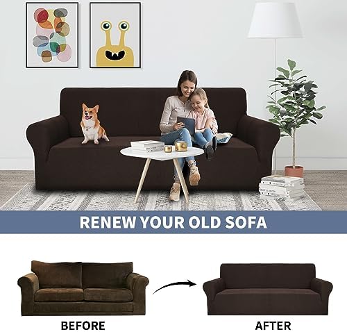 JIVINER High Stretch Couch Covers for 3 Cushion Couch 1-Piece Jacquard Elastic Sofa Slipcovers Anti Slip Sofa Cover with Elastic Bottom Furniture Protector for Kids Pets (Sofa, Coffee)