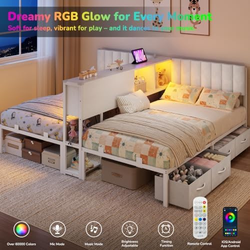 Twin Beds for 2 Kids with Storage Bookcase Divider,Charging Station and LED