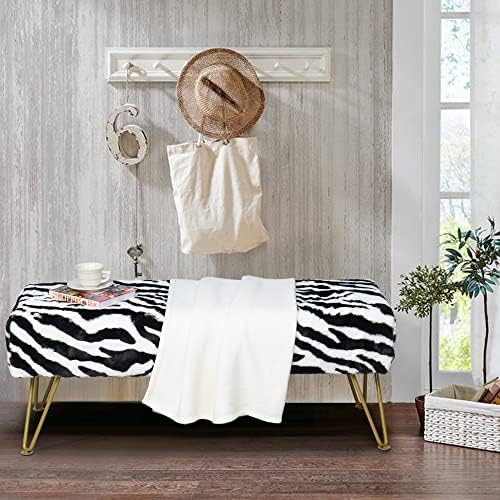 Zebra Print Long Rectangle Faux Fur Ottoman 46"x16"x17" Entryway Bench Soft Furry Footrest Stool Accent Seating Bench Bedroom End of Bed Fuzzy Table for Living Room Closet with Golden Legs