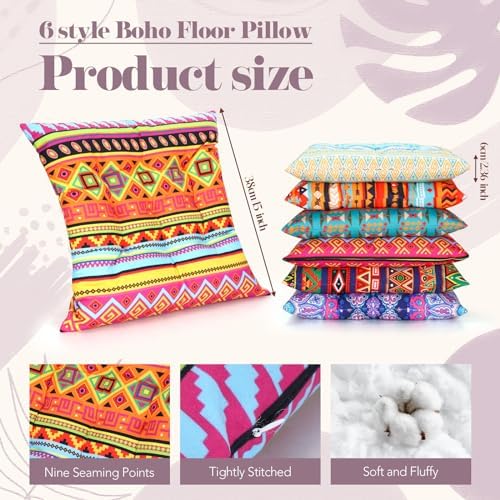 Menkxi 6 Pcs Bohemian Floor Pillows 15 Inch, Stylish