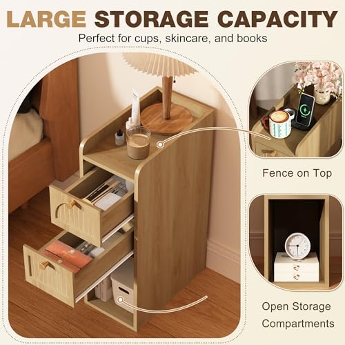 7.87" Narrow Nightstand Set of 2, Fluted Slim Bedside Table with 2 Drawers, Mid Century Modern Small End Table with Gold Metal Handles, for Bedroom, Living Room & Small Spaces - Natural