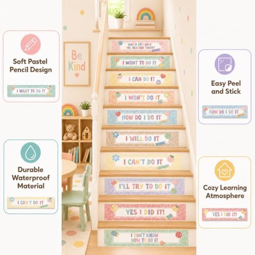 Cinrobiye 11 Pcs Classroom Stair Decals, Pastel Composition Notebook Steps of Success Wall Stickers for Back to School Decor, Stairway Stickers for Kindergrten, Classroom, Door, Wall Teacher Supplies