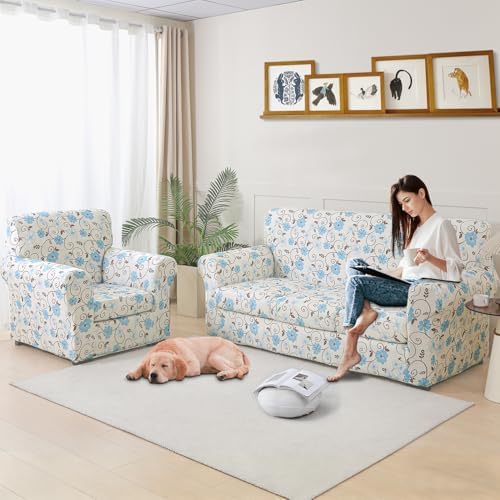 Stretch Printed Sofa Cover Couch Covers, 2-Piece Armchair Cover with Separate Cushion Cover, Washable Soft Spandex Furniture Protector for Living Room(Armchair,White-Blue-Brown Floral)