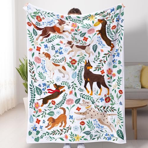 Dog Blanket Ultra Soft Floral Throw Blankets Gifts for Dog Lover Blanket Flower Leaves Flannel Fleece Throw Lightweight Warm Cozy Fuzzy Plus Cabin Blanket for Bed Sofa, 50" X 60"