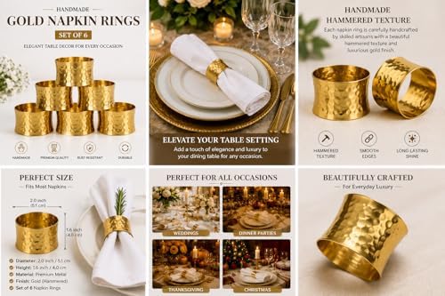 ITOS365 Gold Napkin Rings Set of 6, Handmade Hammered Metal Napkin Ring Holders for Dining Table, Wedding, Farmhouse & Party Table Decor