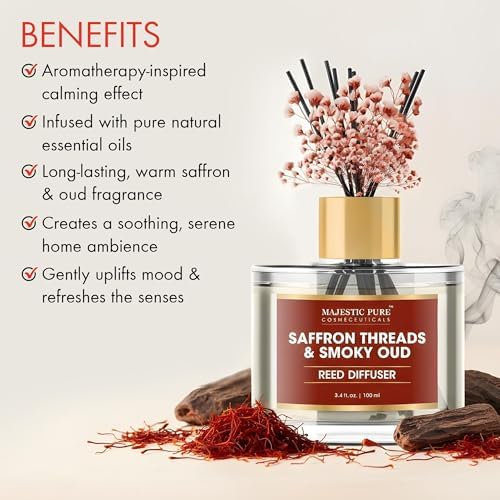 Majestic Pure Saffron & Oud Reed Diffuser, 3.4 fl oz | Long Lasting Oriental Fragrance for Home & Office