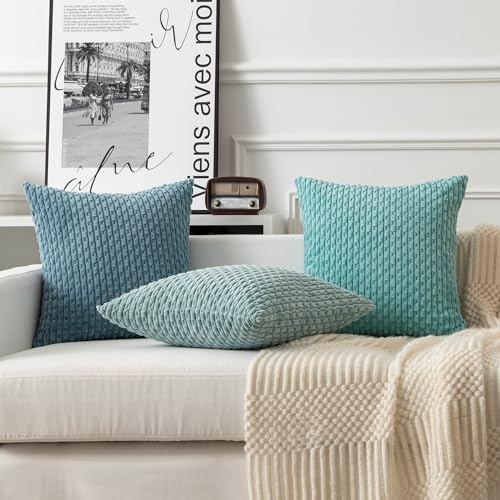 Kevin Textile Soft Corduroy 24x24 Inch Pillow Covers 2 Pack, Aqua Green