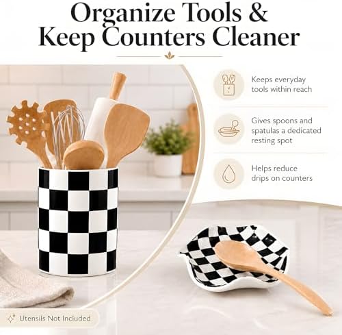 Checkered Utensil Holder and Spoon Rest Set, Black and White Ceramic Utensil Holder for Countertop, Spoon Rest for Stove Top, Farmhouse Kitchen Decor, Dishwasher Safe, Utensils Not Included