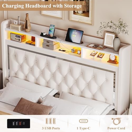 Keyluv Queen Velvet LED Bed Frame with 2 Drawers & Charging Station, Beige