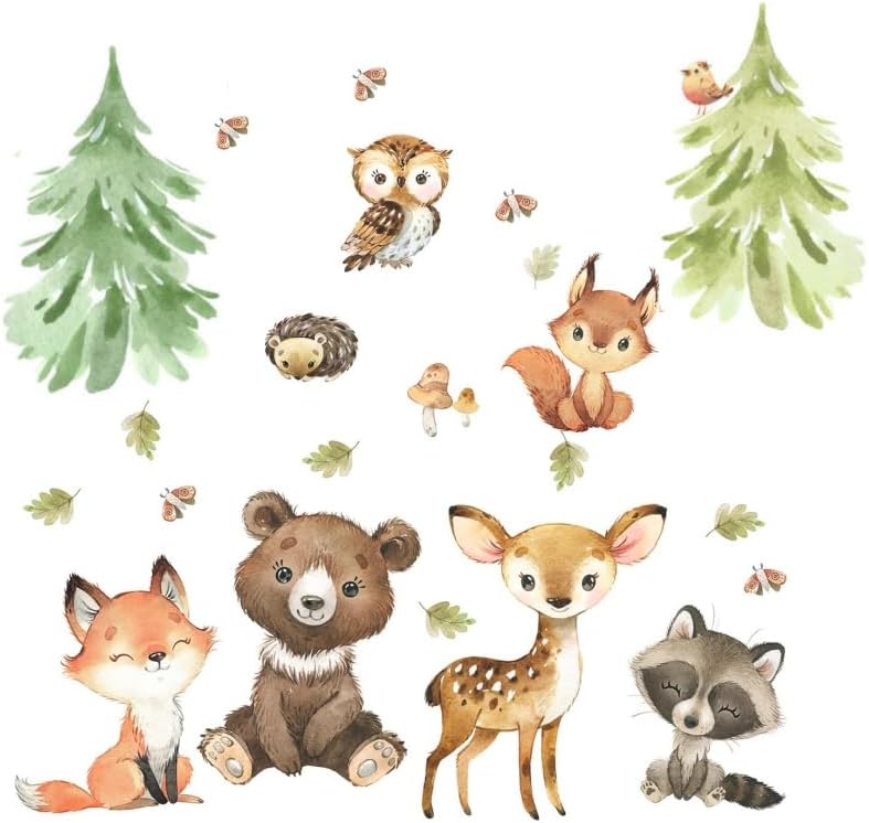 Woodland Wall Decals Stickers Peel and Stick for Baby Boys Girls Nursery Bedroom Netral Decor,Woodland Animals Wall Decals Stickers Forest Animals Bear Fox Owl Raccoon Deer