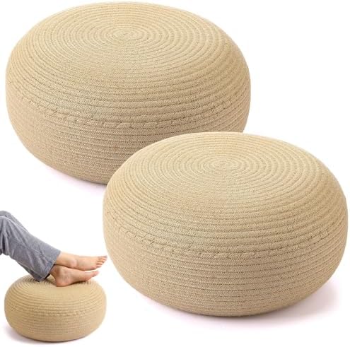 Briwooody 2 Pcs Handmade Round Jute Weave Low Pouf Ottoman