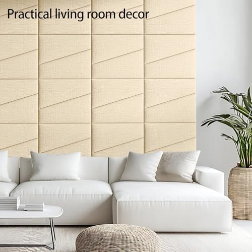 Peel and Stick Headboard for Queen Bed Linen Fabric Upholstered Wall Mounted Headboard - Wall Padding Panel in Beige for Bedroom/Living Room/Dorm (6 Panels)