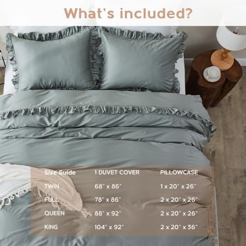 Simple&Opulence Kids 100% Organic Cotton Duvet Cover with Ruffle 104 x 92-3 PCS High End Floral Frill Lace Bedding, Romantic Cottagecore Style Comforter Cover with 2 Pillowcases, Gray King