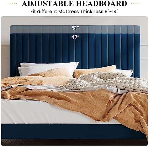 SHA CERLIN Queen Upholstered Platform Bed Frame with Vertical Channel Tufted Velvet Fabric Adjustable Headboard, Wooden Slats Support, Mattress Foundation, Box Spring Optional, Blue