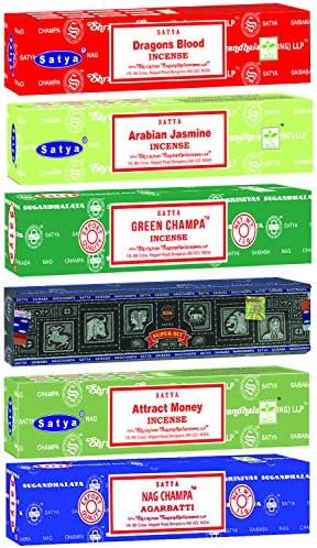 Satya Incense Sticks Gift Set, 7 Scents, Nag Champa, Dragon's Blood, Arabian Jasmine, Super Hit, Green Champa, Goodluck, Attract Money, 15g Each (Relaxation Mix)