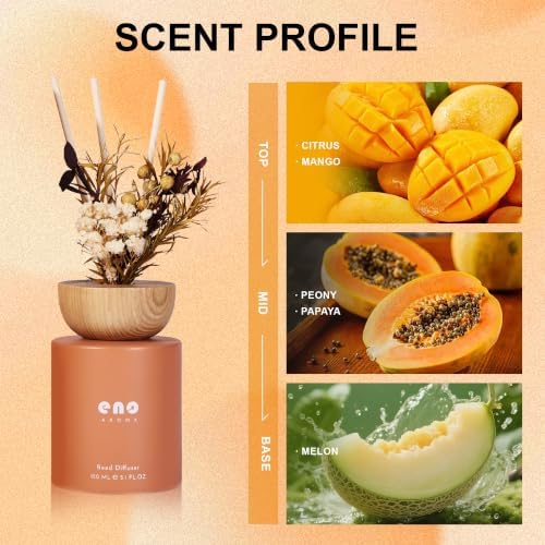 Reed Diffuser Set with Dried Flowers, 5.1 fl oz / 150ml, Mango Papaya Salad - Home Fragrance Diffuser with Sticks for Bathroom Shelf Decor, Bedroom, Office & Gift