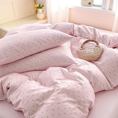 LifeTB Pink Duvet Cover Set Full Size, 100% Muslin Cotton Polka Dot Duvet Cover with 2 Pillowcases, Breathable Soft All Seasons Gauze Comforter Cover, Aesthetic Coquette Bedding Set for Girls
