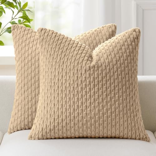 Kevin Textile Soft Corduroy 28x28 Inch Pillow Covers 2 Pack, Tan