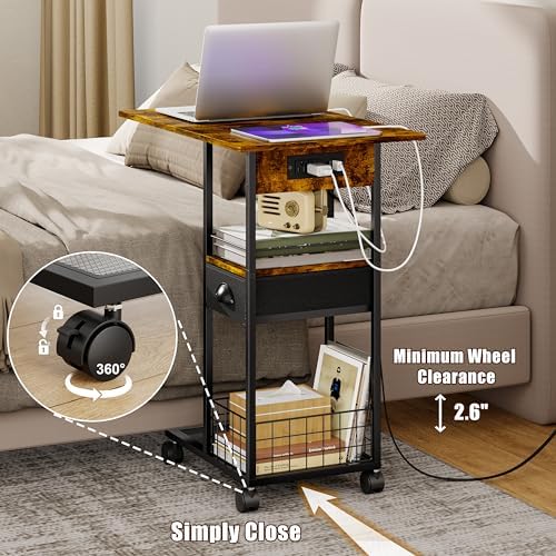 Rolling C-Shaped Side Table with Charging Station, Night Stand with Type-C & USB Port and Outlet for Bedroom, Spacious Coffee Table with Wheels for Living Room, Home Office, Small Space(Large Desktop)