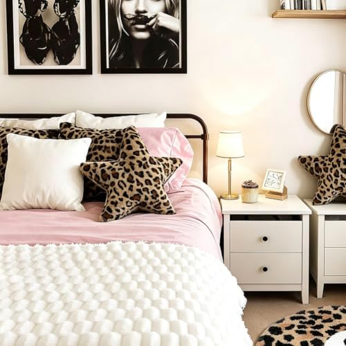Leopard Print Star Pillow Cheetah Decorative Throw Pillow 15.7 inch Soft Faux Fur Star Shaped Pillow Cushion for Bed, Sofa, Couch, Bedroom & Living Room