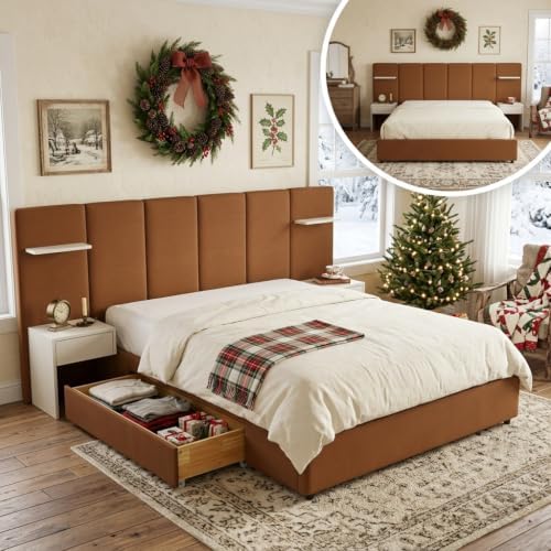 King Size Bed Frame with Storage & Built-in Nightstands & Drawers, Ocher