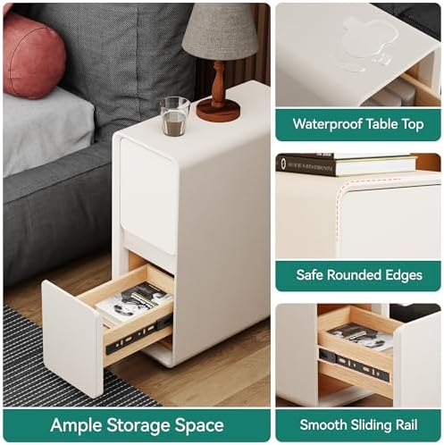 7.8" W Leather Narrow Nightstand Set of 2, Modern Fully-Assembled Bedside Table with 2 Drawers, White Night Stand Small Accent End Table & Side Table for Bedroom, Cream White