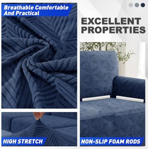 YEMYHOM 1 Piece Stretch Couch Covers for 2 Cushion Couch, Jacquard Loveseat Cover with Non-Slip Elastic Bottom, Thickened Slipcover Furniture Protector for Dogs Pets (Medium, Navy）