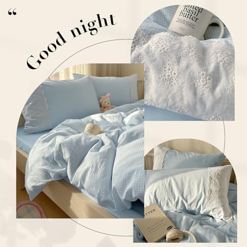 mixinni Blue White Gingham Duvet Cover Twin XL Size - 3 Piece Cottagecore Plaid Bedding Set with Lace Trim, Soft Washed Microfiber Vintage Aesthetic Grid Comforter Cover & Pillow Shams