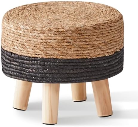 Cpintltr Ottoman Natural Seagrass Footrest Poufs Hand Weave Round Foot Stool for Couch Desk Soft Step Stool Padded Foot Rest with Pine Legs for Living Room Bedroom Natural/Black