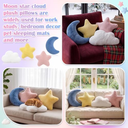 4 Pcs Plush Cloud Star Moon Throw Pillow Set, Blue, White, Pink, Yellow