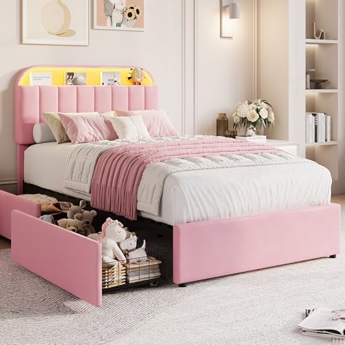 GarveeHome TwinXL Bed Frame, Platform Bed with Storage Headboard & Drawers