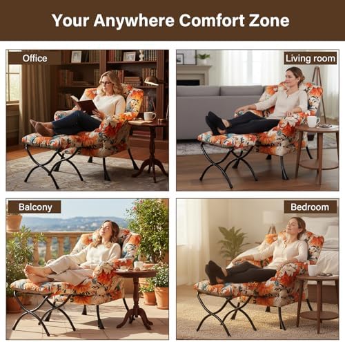 Welnow Lazy Chair with Ottoman, Reading Chair with Footrest,Orange Blue