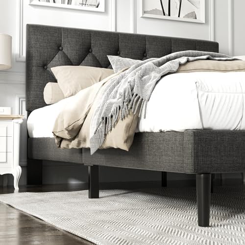 HAOARA Queen Size Platform Bed Frame with Upholstered Button Tufted Headboard, Mattress Foundation with Wooden Slat Support, Noise Free, No Box Spring Needed, Easy Assembly, Dark Grey