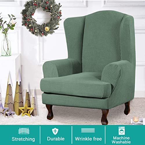 Turquoize Wingback Chair Covers 2 Piece Wing Chair Slipcover Stretch Slipcovers for Wingback Chairs Wing Chair Cover Spandex Jacquard Fabric with Elastic Bottom Non-Slip Furniture Cover, Loden Frost
