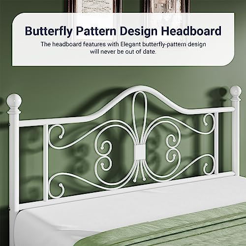 Allewie Metal Queen Platform Bed Frame, Butterfly Pattern Design, White
