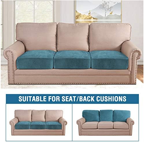 H.VERSAILTEX Velvet Stretch Couch Cushion Cover Plush Cushion Slipcover for Chair Loveseat Sofa Cushion Furniture Protector Seat Cushion Sofa Cover (3 Piece Sofa Cushion Covers, Peacock Blue)